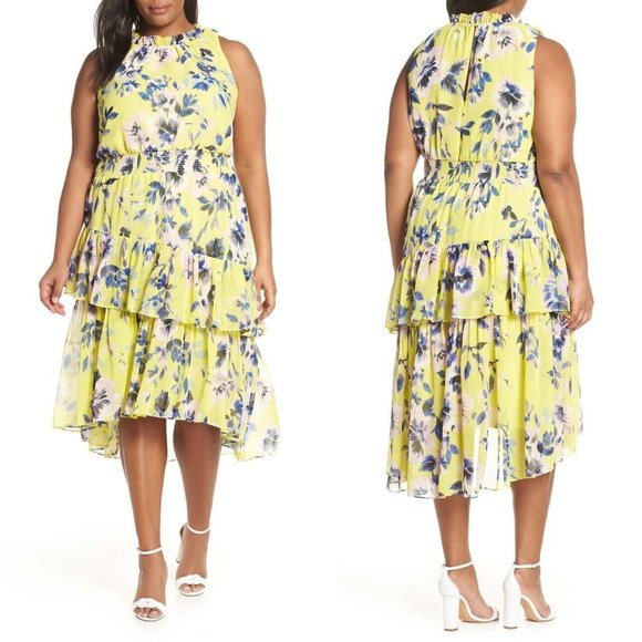 NEW Eliza J Floral Asymmetric Tiered Dress Plus 18 Citrus Yellow Halter - Picture 4 of 16